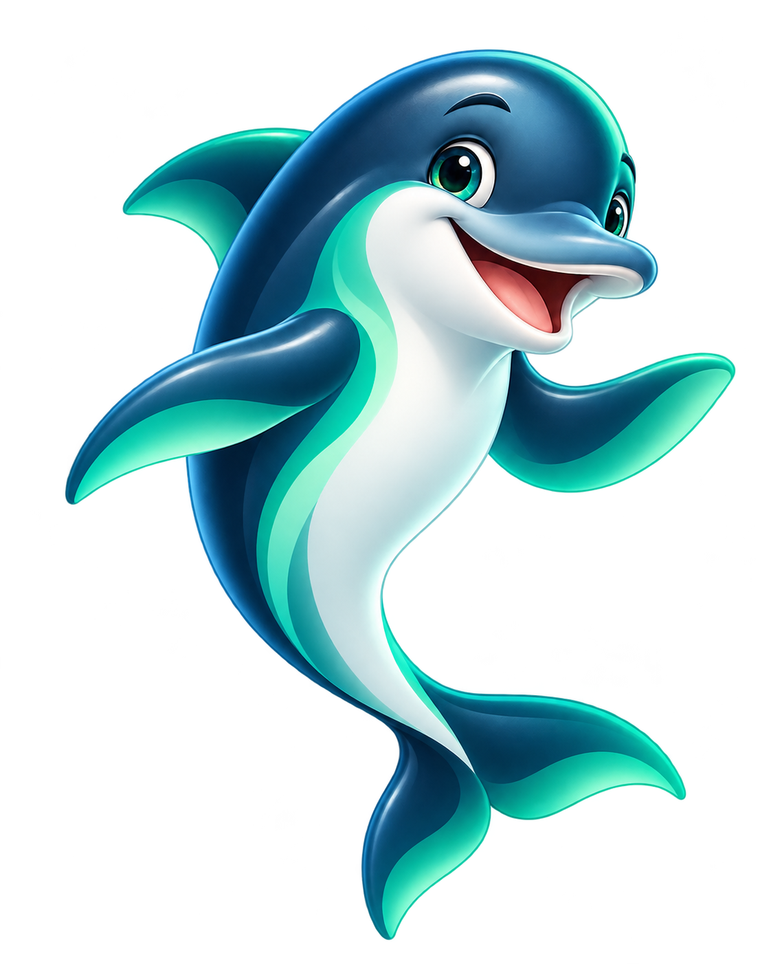Finn, Numibo's friendly blue and teal dolphin mascot, smiling with both fins open